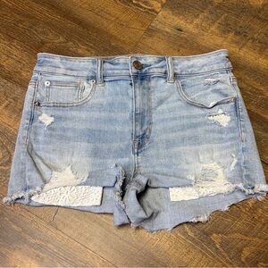 American Eagle Hi-Rise Shortie Denim Jean Shorts Stretch Womens 10 Lace Pockets